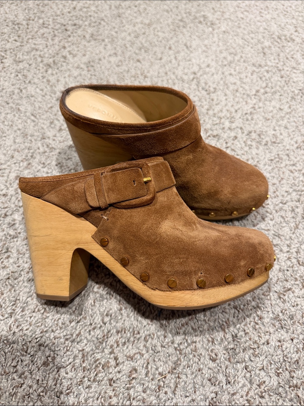 Veronica Beard Brown Suede Studded Clog Mules with Wood Heel Size 7.5